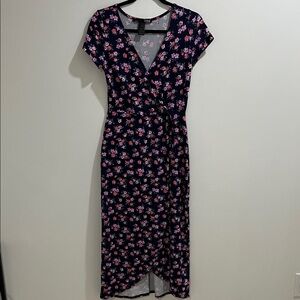 Rebel Sugar Women’s Dress Medium Floral Faux Wrap High Low Hem Blue Stretch Bow